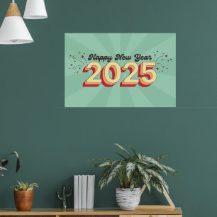 Happy new year 2025 retro 3d typography design poster