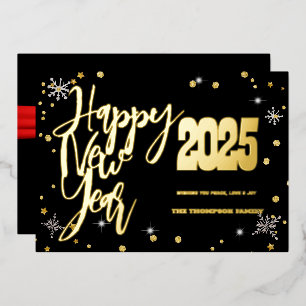 Happy New Year 2025 Retro Red Ribbon Foil Holiday Card