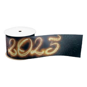 Happy New Year 2025 Sparkling Fireworks Satin Ribbon
