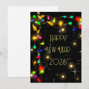 Happy new year 2025, stars and lighting garlands holiday card