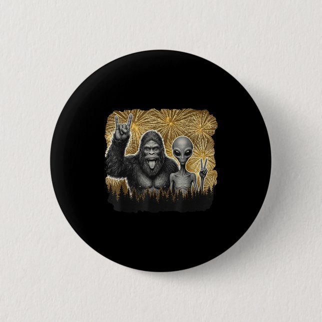 Happy New Year 2026 Bigfoot Alien Lovers New Years 2 Inch Round Button (Front)