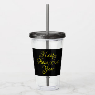 Happy New Year 2026 Black and Yellow Script  Acrylic Tumbler