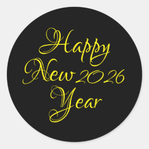Happy New Year 2026 Black and Yellow Script  Classic Round Sticker