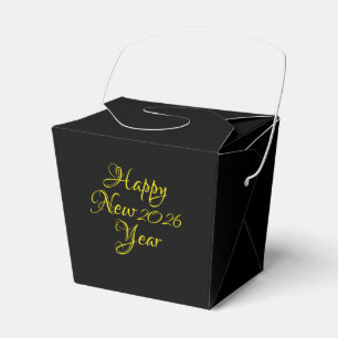 Happy New Year 2026 Black and Yellow Script Favor Box