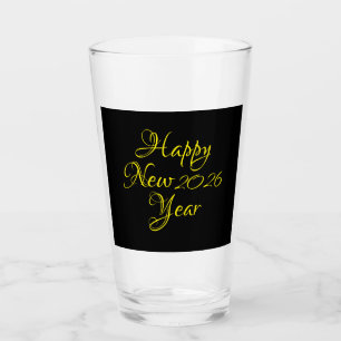 Happy New Year 2026 Black and Yellow Script  Glass