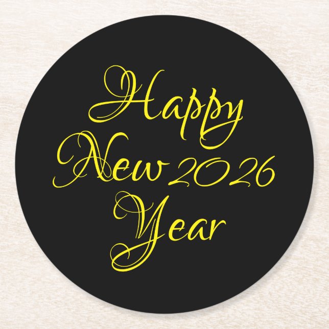 Happy New Year 2026 Black and Yellow Script  Round Paper Coaster (Front)