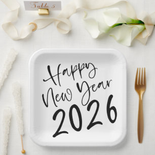 Happy New Year 2026 Black Script  Paper Plate