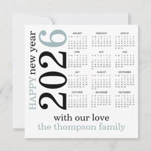 Happy New Year 2026 Blue White Calendar  Holiday Card