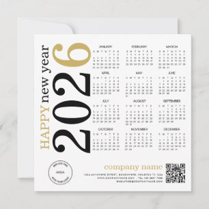 Happy New Year 2026 Calendar Logo QR Black Gold Holiday Card