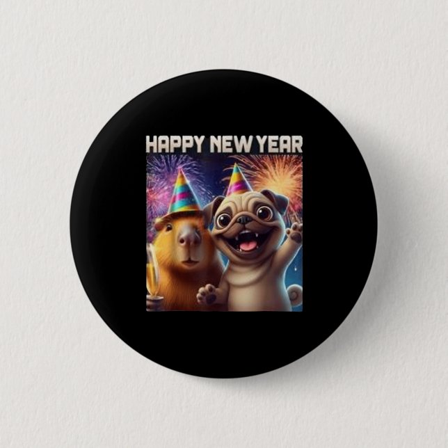 Happy New Year 2026 Capybara Pug Party Art  2 Inch Round Button (Front)