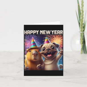 Happy New Year 2026 Capybara Pug Party Art Card