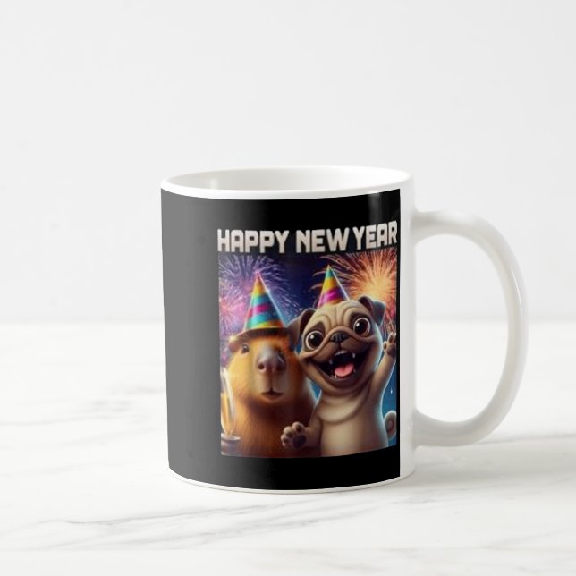 Happy New Year 2026 Capybara Pug Party Art  Coffee Mug (Right)