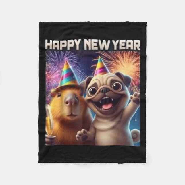 Happy New Year 2026 Capybara Pug Party Art  Fleece Blanket (Front)