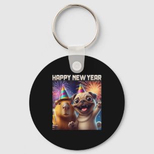 Happy New Year 2026 Capybara Pug Party Art  Keychain