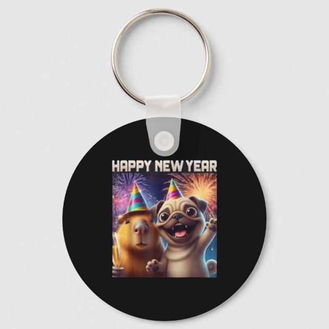 Happy New Year 2026 Capybara Pug Party Art  Keychain (Front)