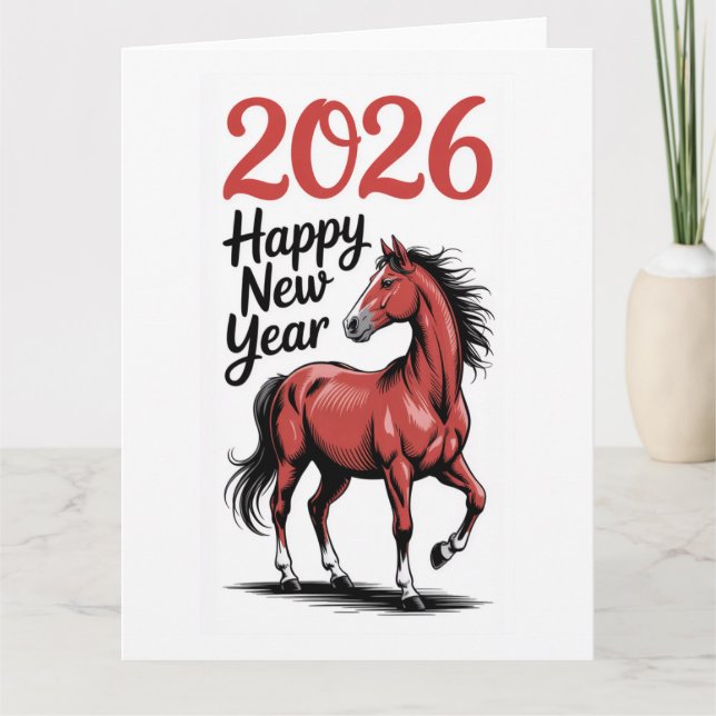 Happy New Year 2026 Card Red Horse Illustration (Front)