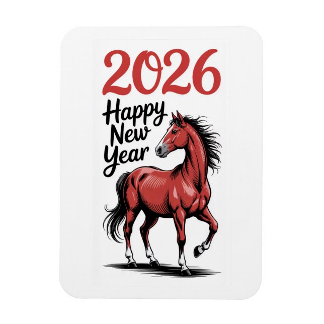 Happy New Year 2026 Card Red Horse Illustration Magnet (Vertical)