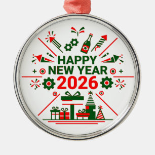 Happy New Year 2026 Celebration Metal Ornament