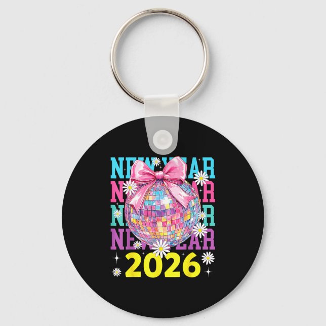 Happy New Year 2026 Coquette Bow &amp; Disco Ball  Keychain (Front)