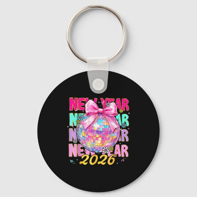 Happy New Year 2026 Coquette Bow &amp; Disco Ball  Keychain (Front)