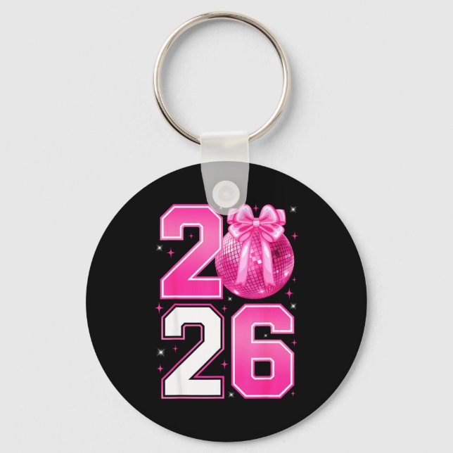 Happy New Year 2026 Coquette Bow &amp; Disco Ball  Keychain (Front)