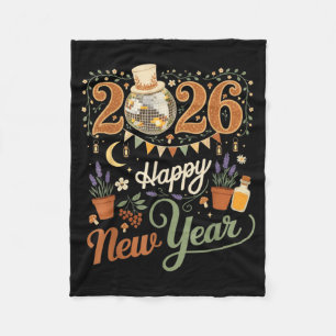 Happy New Year 2026 Cottagecore Disco Mushroom Nat Fleece Blanket