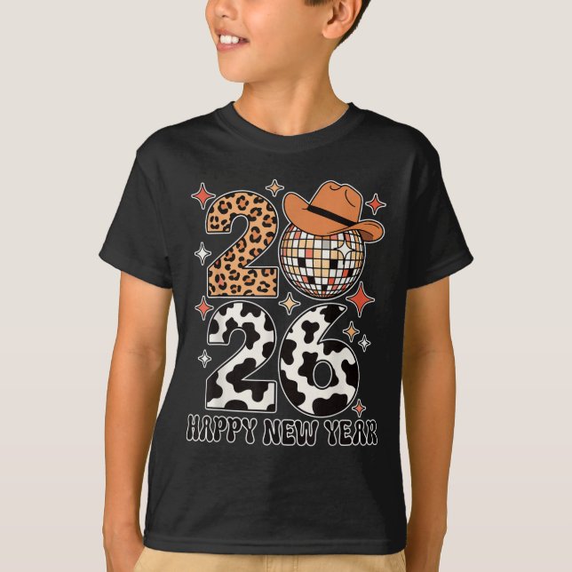 Happy New Year 2026 Cowgirl Disco Ball Western Leo T-Shirt (Front)