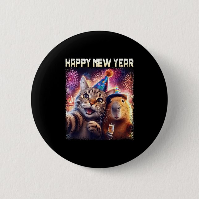 Happy New Year 2026 Cute Cat Capybara Party Art  2 Inch Round Button (Front)