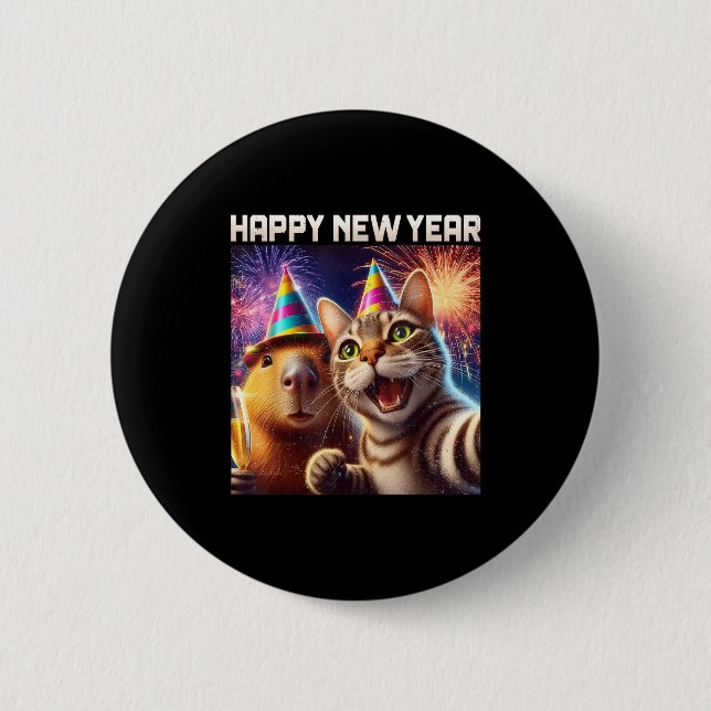Happy New Year 2026 Cute Cat Capybara Party Art  2 Inch Round Button (Front)