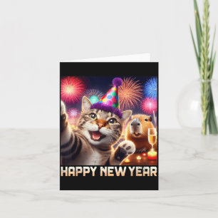 Happy New Year 2026 Cute Cat Capybara Party Art Card