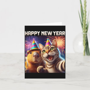 Happy New Year 2026 Cute Cat Capybara Party Art Card