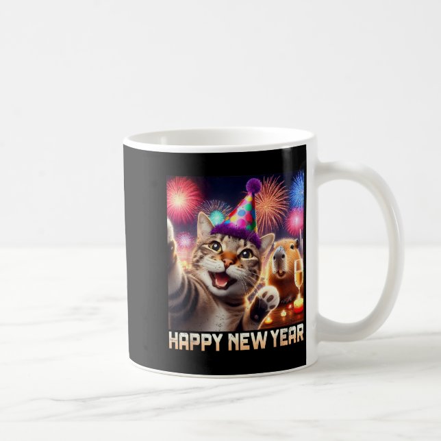 Happy New Year 2026 Cute Cat Capybara Party Art  Coffee Mug (Right)