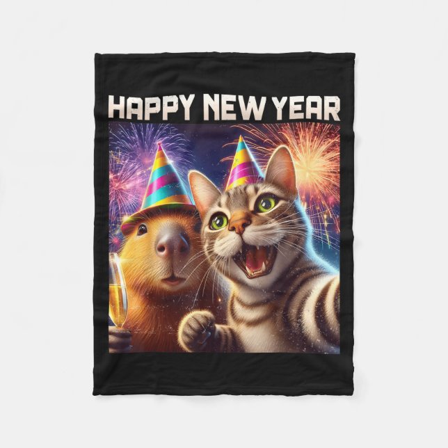 Happy New Year 2026 Cute Cat Capybara Party Art  Fleece Blanket (Front)