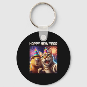 Happy New Year 2026 Cute Cat Capybara Party Art  Keychain