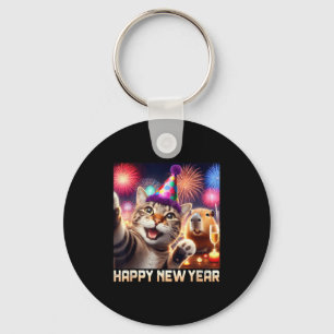 Happy New Year 2026 Cute Cat Capybara Party Art  Keychain