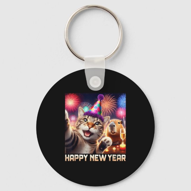 Happy New Year 2026 Cute Cat Capybara Party Art  Keychain (Front)