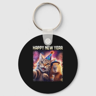Happy New Year 2026 Cute Cat Capybara Party Art  Keychain