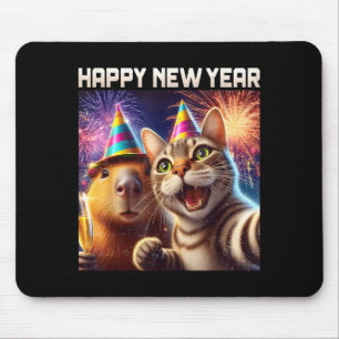 Happy New Year 2026 Cute Cat Capybara Party Art  Mouse Pad