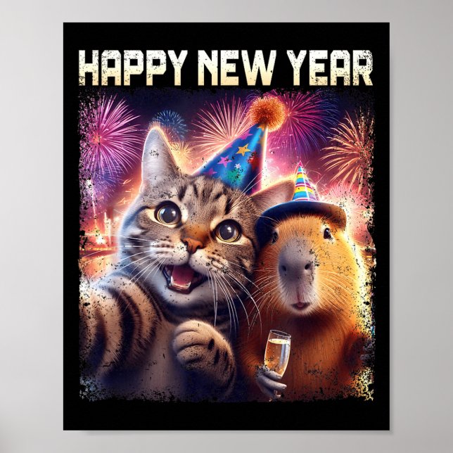 Happy New Year 2026 Cute Cat Capybara Party Art  Poster (Front)