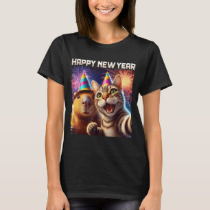 Happy New Year 2026 Cute Cat Capybara Party Art  T-Shirt