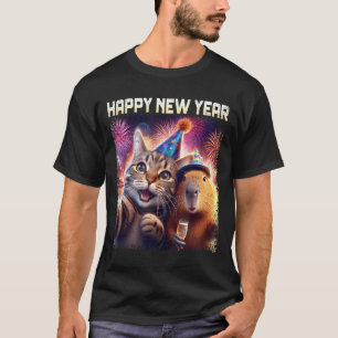 Happy New Year 2026 Cute Cat Capybara Party Art  T-Shirt