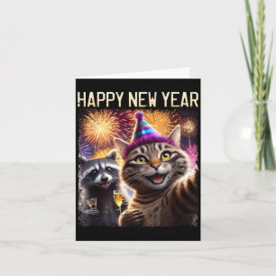 Happy New Year 2026 Cute Cat Raccoon Celebration Card