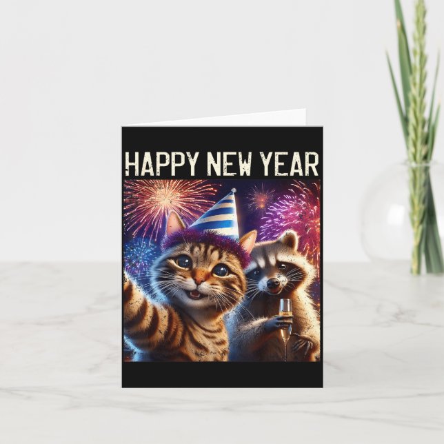 Happy New Year 2026 Cute Cat Raccoon Celebration  Card (Front)