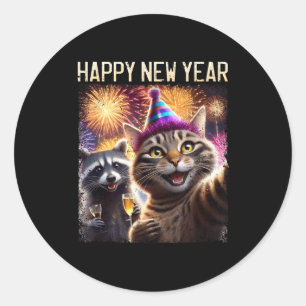 Happy New Year 2026 Cute Cat Raccoon Celebration  Classic Round Sticker