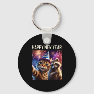 Happy New Year 2026 Cute Cat Raccoon Celebration  Keychain