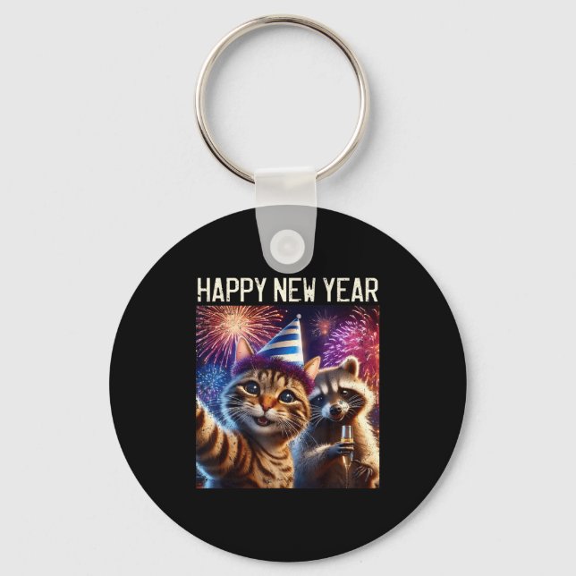 Happy New Year 2026 Cute Cat Raccoon Celebration  Keychain (Front)