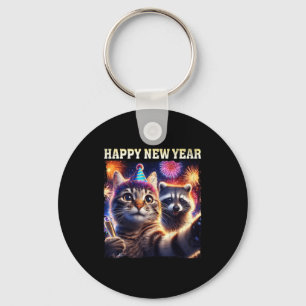 Happy New Year 2026 Cute Cat Raccoon Celebration  Keychain