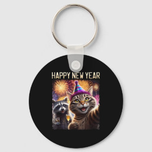 Happy New Year 2026 Cute Cat Raccoon Celebration  Keychain