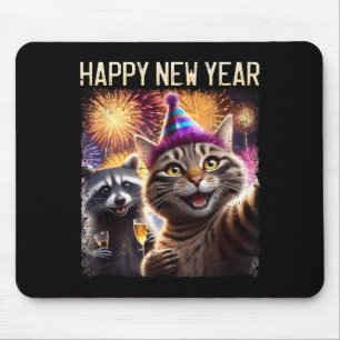 Happy New Year 2026 Cute Cat Raccoon Celebration  Mouse Pad