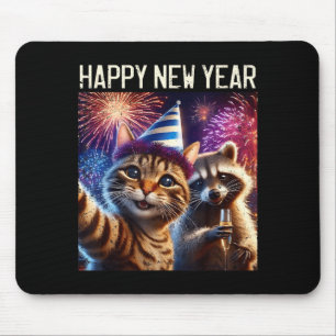 Happy New Year 2026 Cute Cat Raccoon Celebration  Mouse Pad